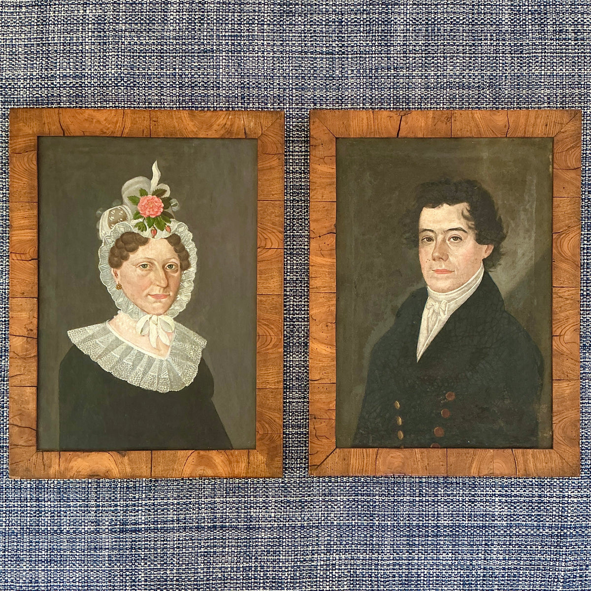 Pair of Early 19th Century Gentleman and a Lady Couple Portrait Oil Paintings in Grained Wood Frames