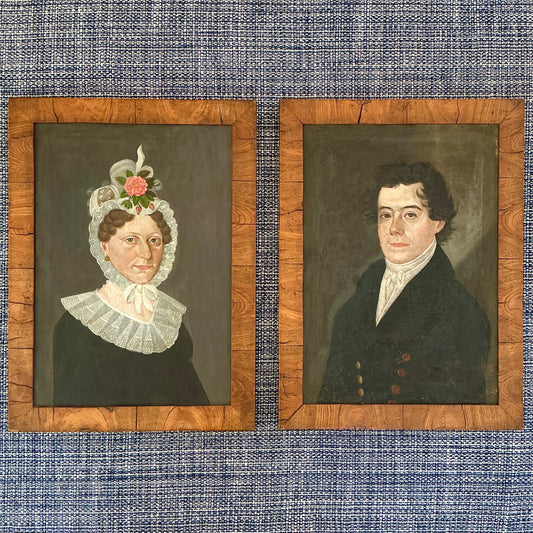 Pair of Early 19th Century Gentleman and a Lady Couple Portrait Oil Paintings in Grained Wood Frames