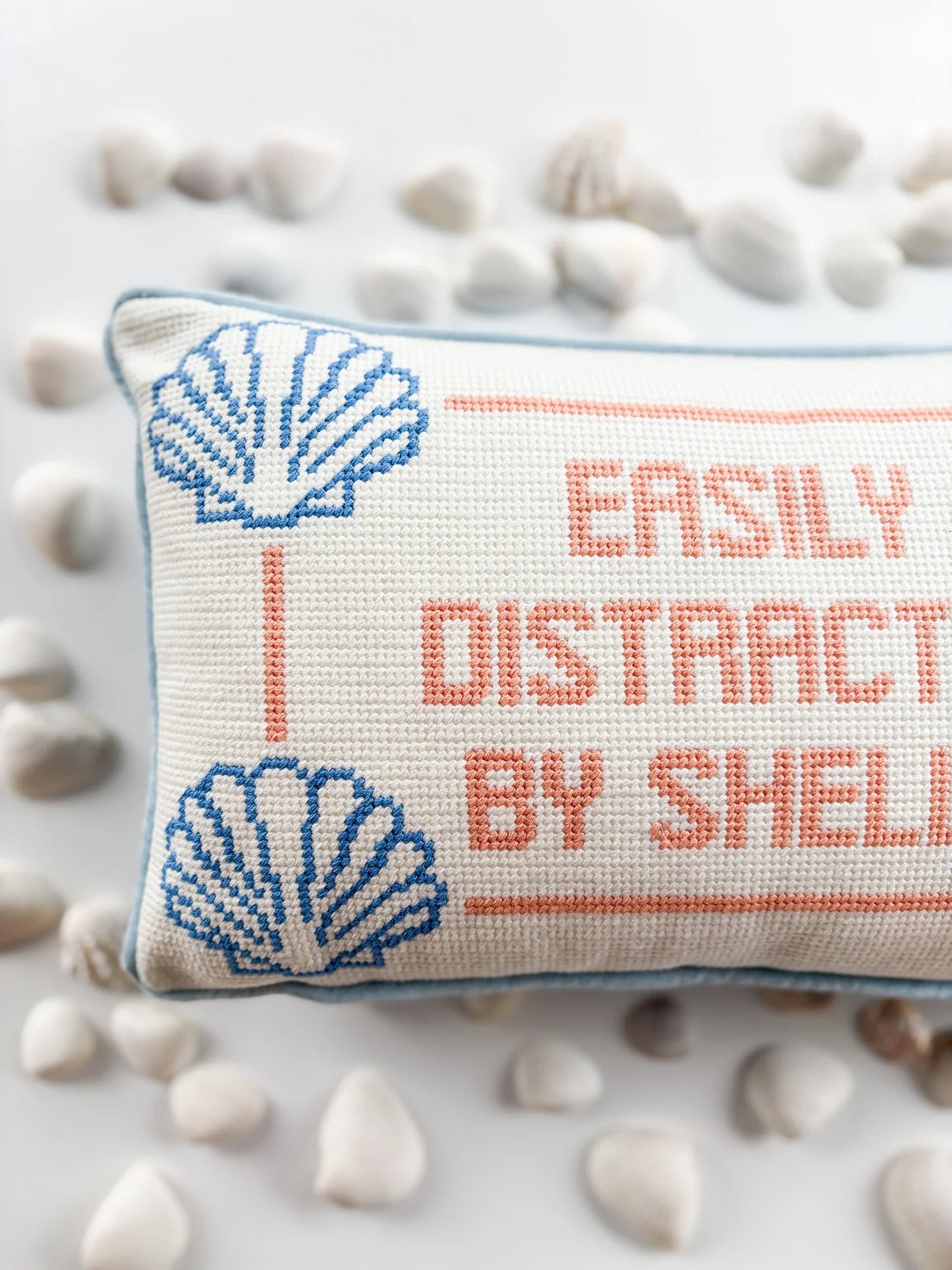 "Easily Distracted By Shells" Needlepoint Pillow