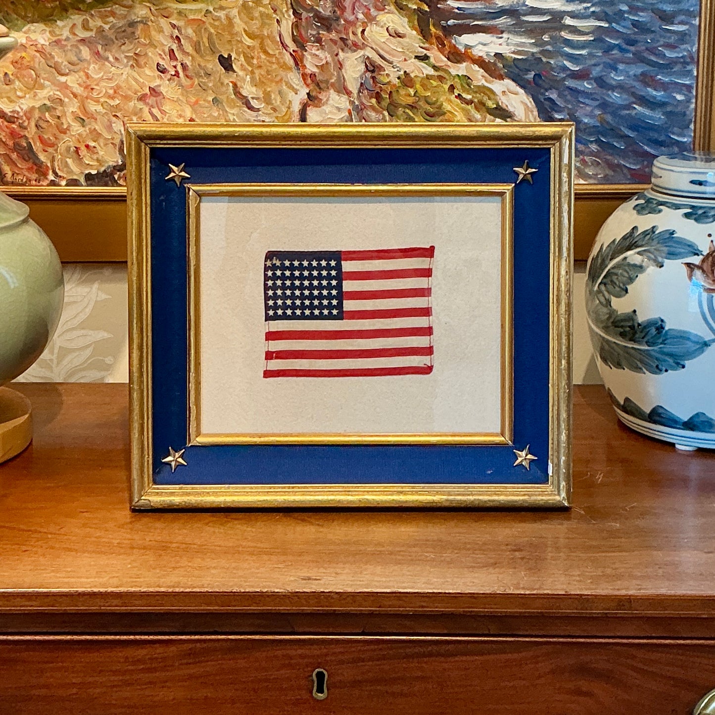 Vintage 48 Star American Flag on Ivory Duck Cloth with Blue Ribbon and Star Rivets in Gold Frame