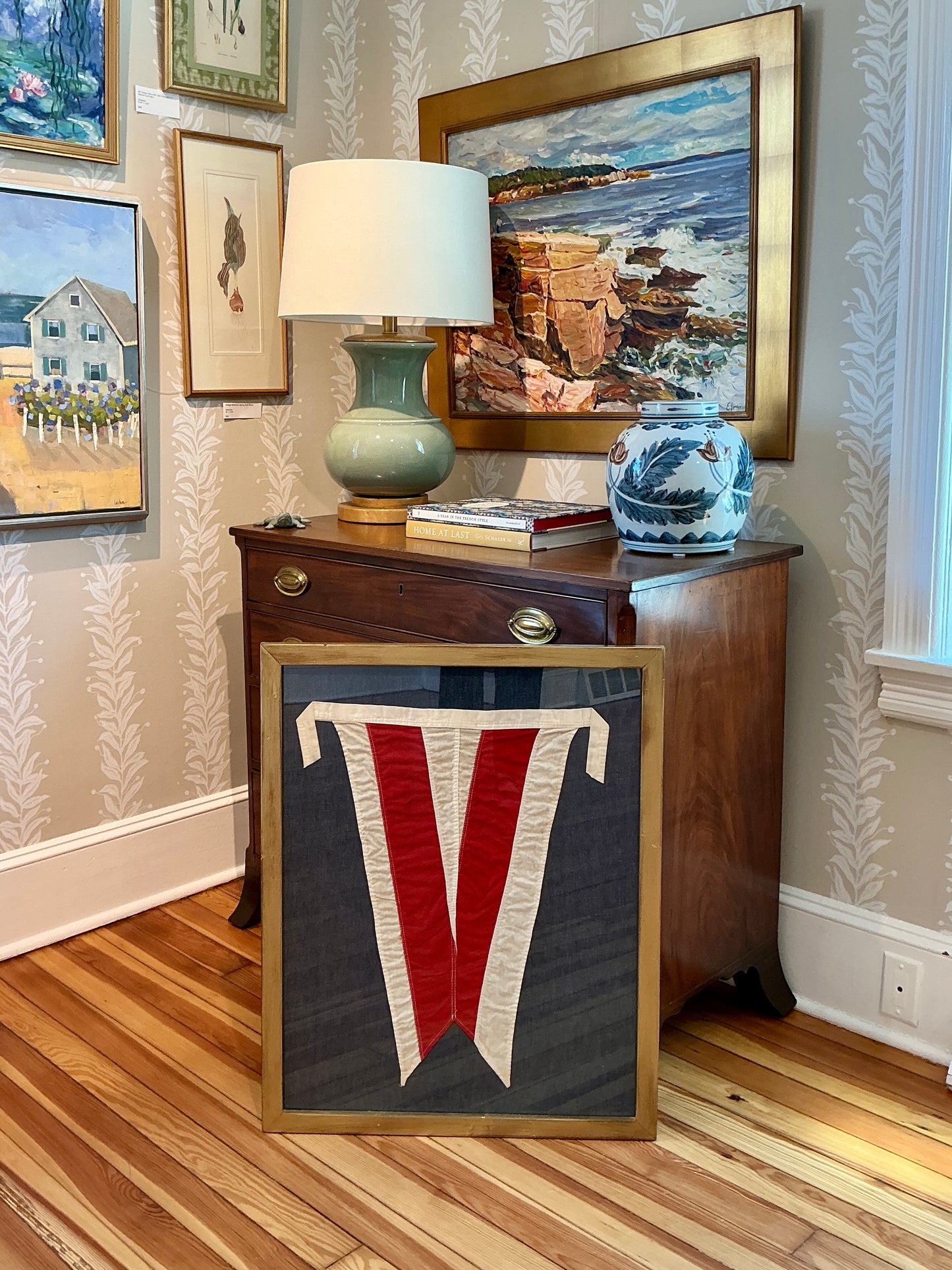 Vintage Cloth Nautical Flag on Dark Chambray in Gold Frame