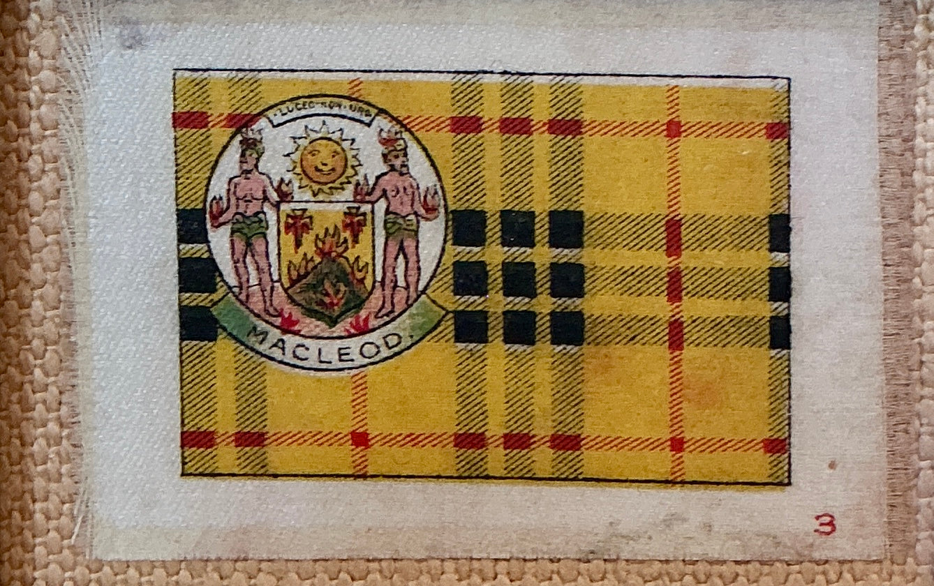 Set of Five Antique Scottish Tartan Tobacco Silks on Neutral Pique in Gold Frame