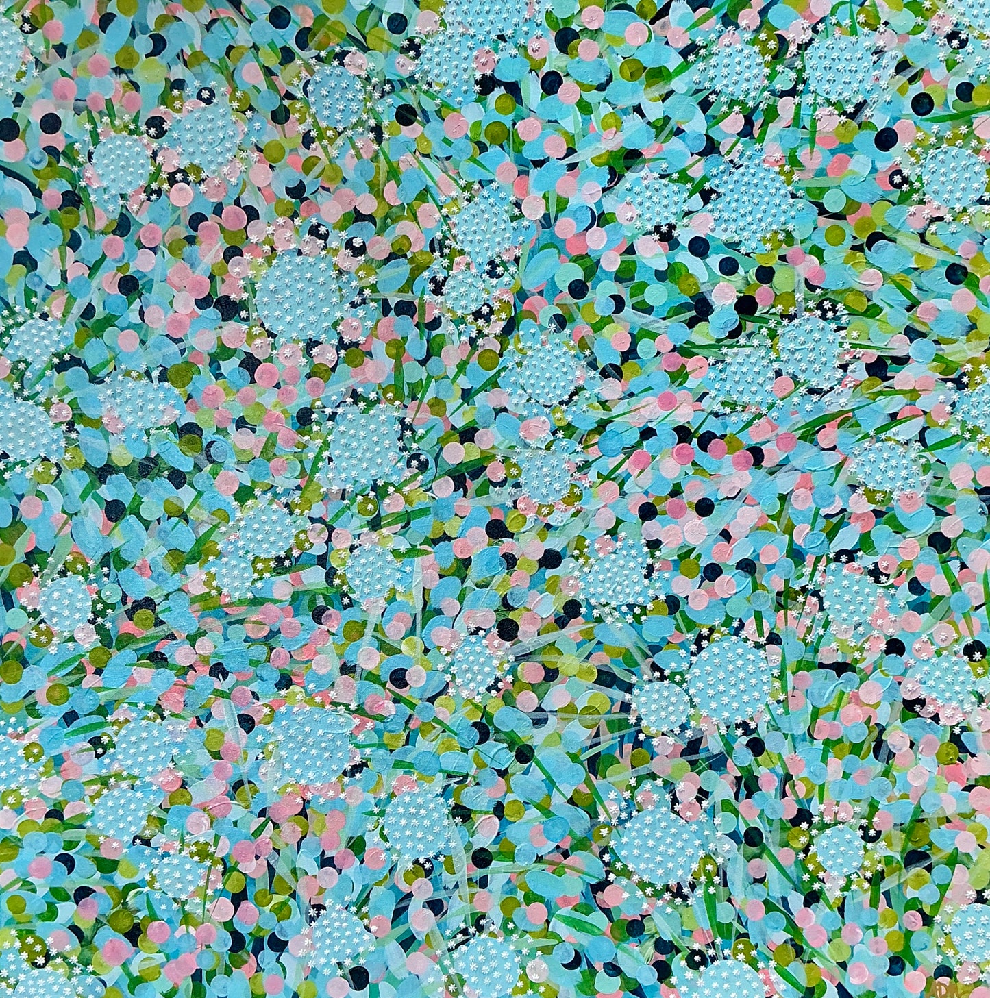 Alison Diamond McElroy Mint Condition Garden Floral Abstract Painting in Gold Floater Frame