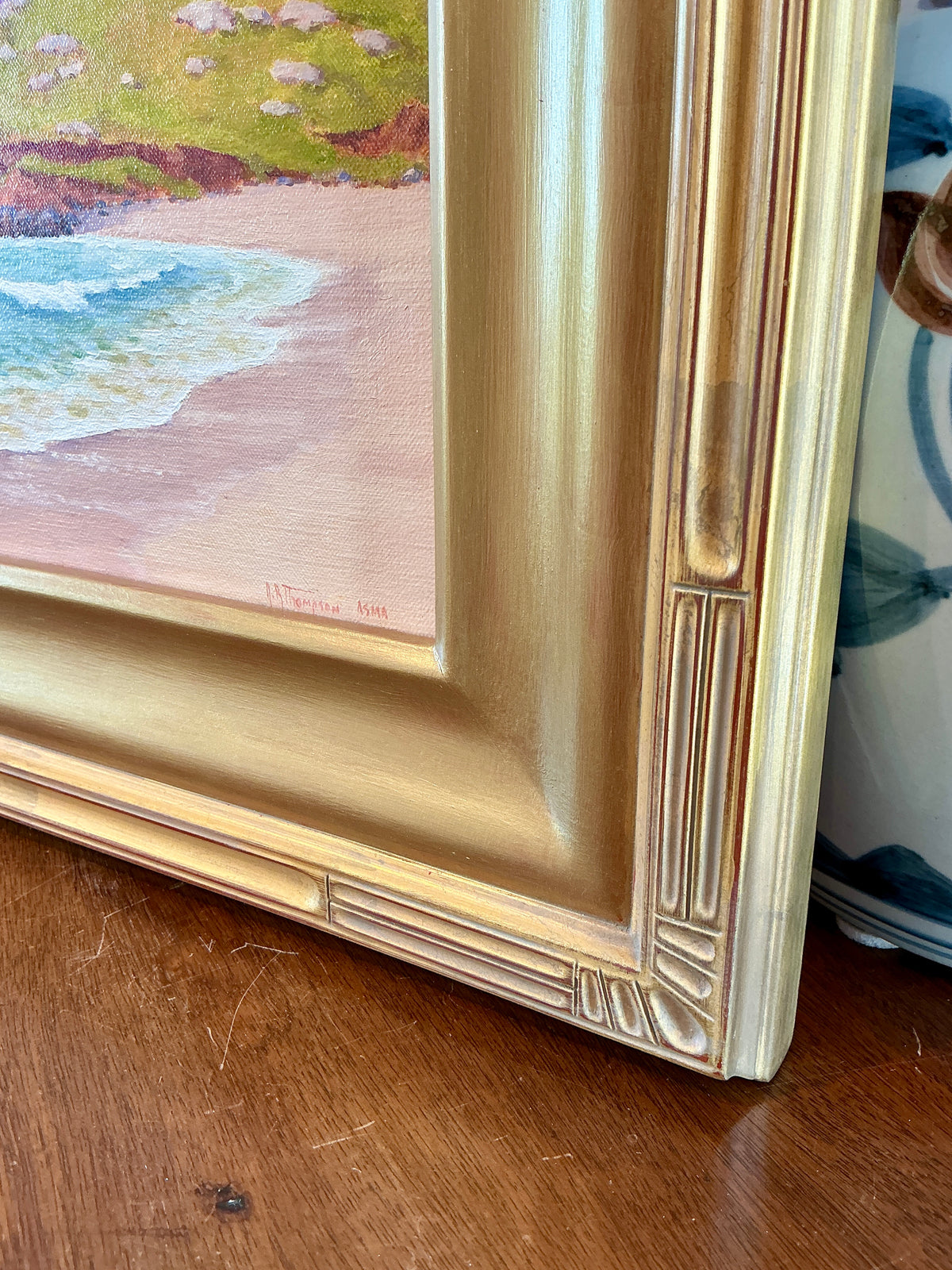 Anthony R. Thompson Chapel at St. Ives Cornwall England Coastal Landscape Oil Painting in Gold Frame