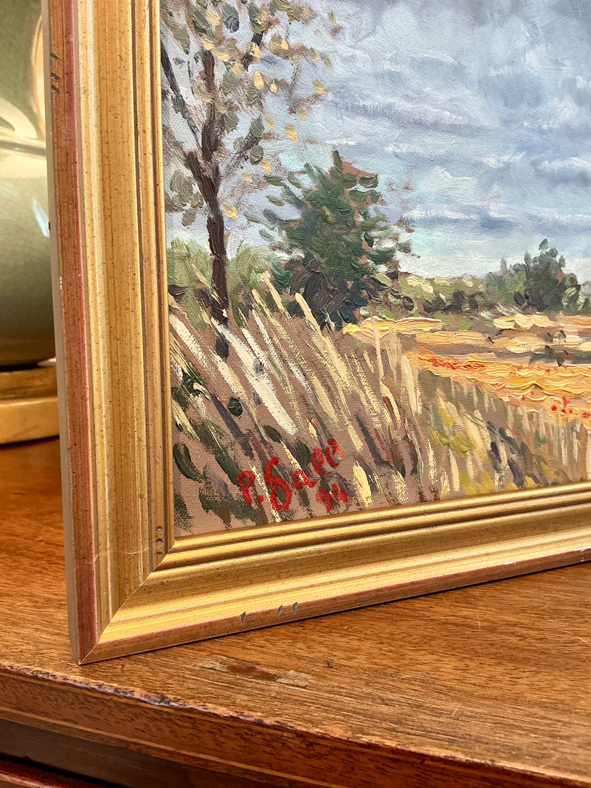 Vintage 1994 Blustery Country Landscape Painting in Gold Frame