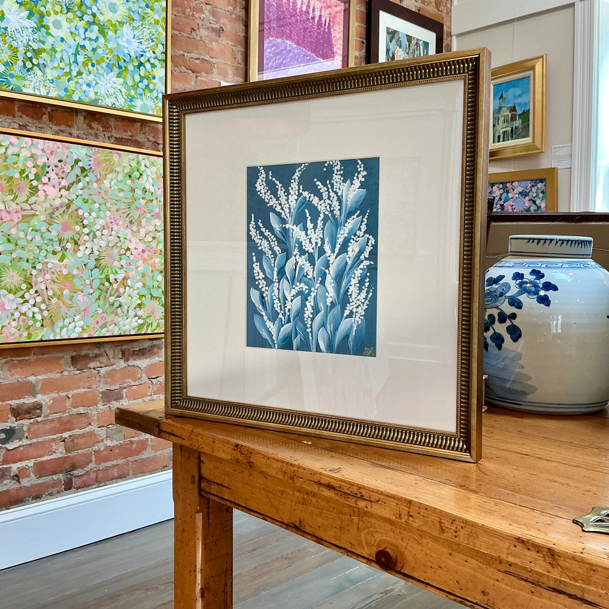 Alison Diamond McElroy Hadley In Indigo II Abstract Floral Painting in Gold Frame