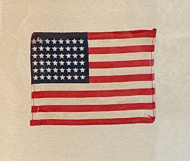 Vintage 48 Star American Flag on Ivory Duck Cloth with Blue Ribbon and Star Rivets in Gold Frame