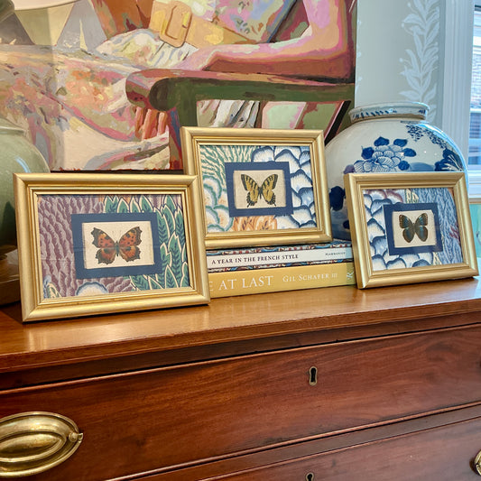 Set of Three Antique Butterfly Silks on Vintage Floral Fabric in Gold Frames