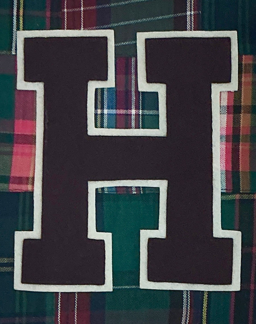 Vintage Varsity Letter Initial H on Madras Patch Fabric in Gold Frame