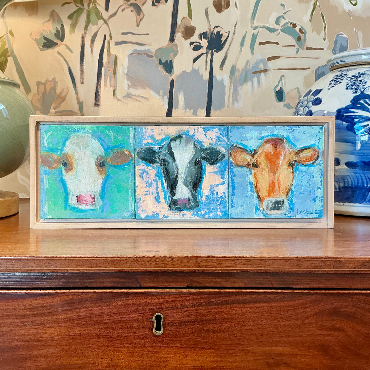 Carol Lesher Cow Trio 3 Portrait Oil Painting in Wood Frame