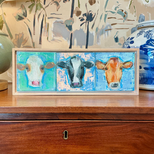 Carol Lesher Cow Trio 3 Portrait Oil Painting in Wood Frame