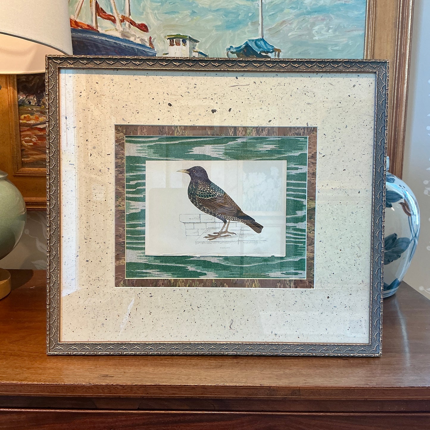 19th Century Hand Colored Starling Lithograph on Green Marbled Designer Fabric in Dark Gold Frame