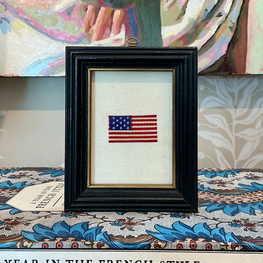 Antique Silk 13 Star American Flag on Ivory Muslin in Black Frame with Gilded Liner