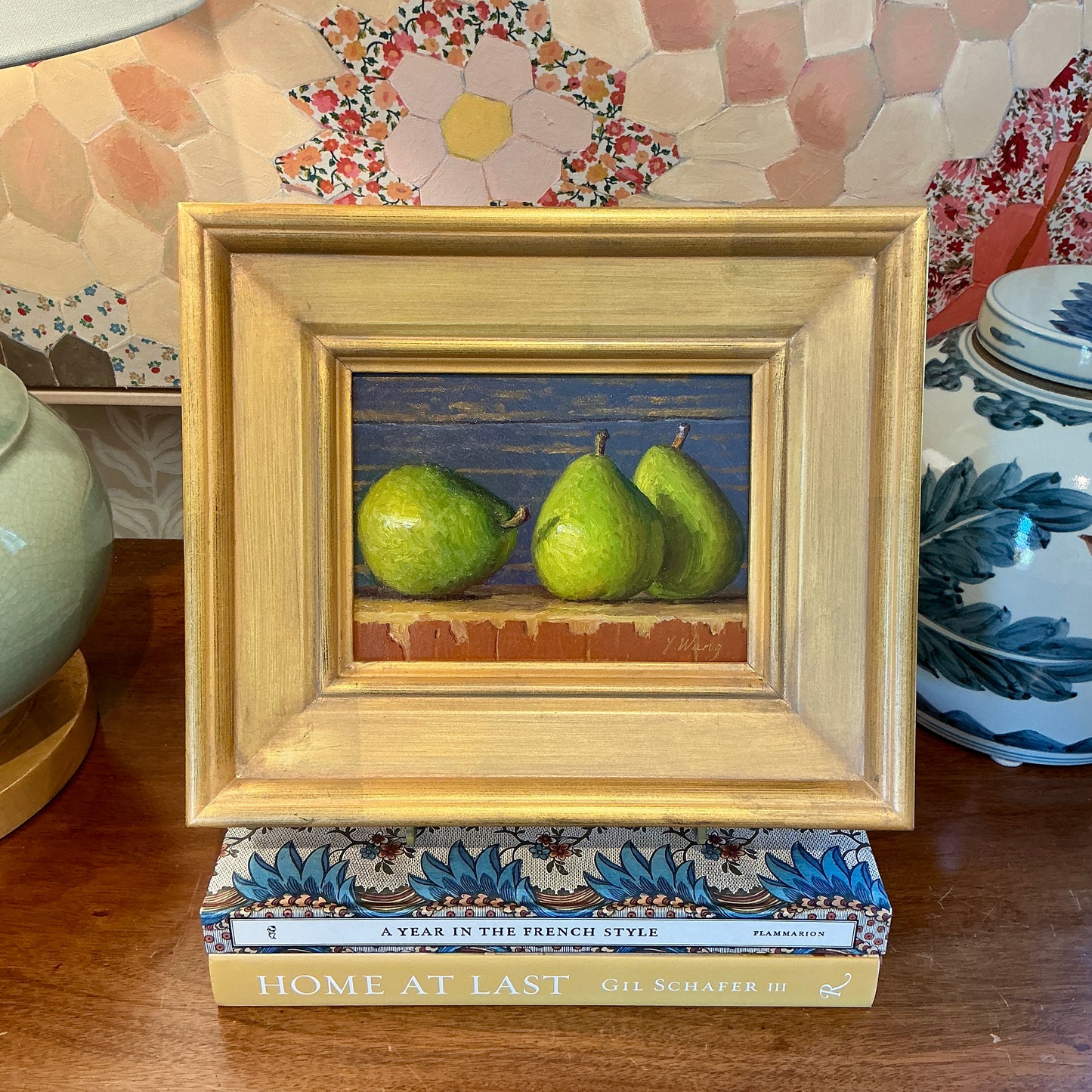 Youqing Wang Pear Trio Still Life Oil Painting in Gold Frame