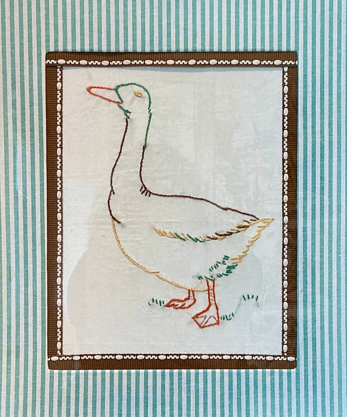 Early 20th Century Duck Redwork Embroidery on Green Stripes in Gold Frame