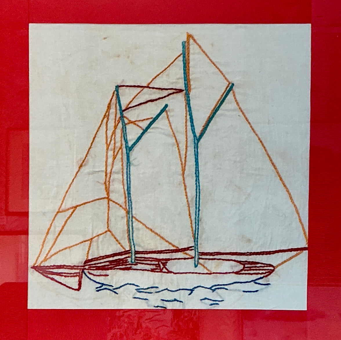Early 20th Century Sailboat Redwork Embroidery with Red Ribbon in Gold Frame