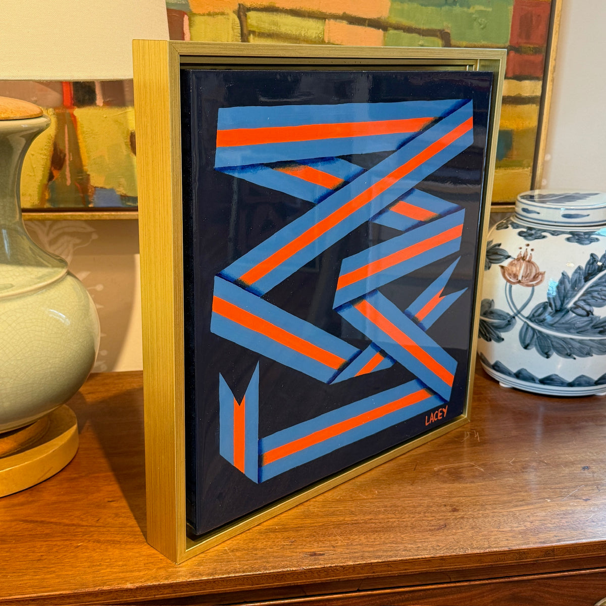 Lacey Craig Hooper Cantaloupe Ribbon Series Painting in Gold Floater Frame