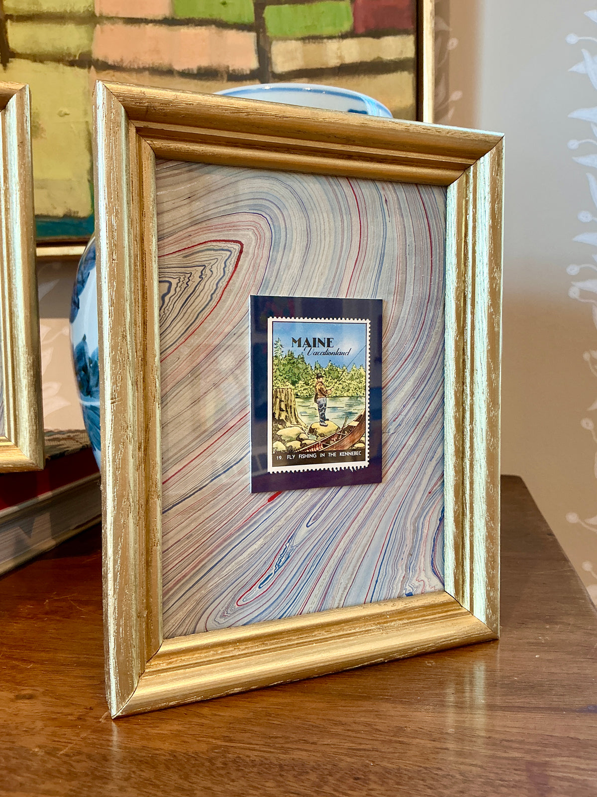 Set of Four 1940 Maine "Vacationland" Stamps on Blue Marbled Mounting in Gold Frames - Set B