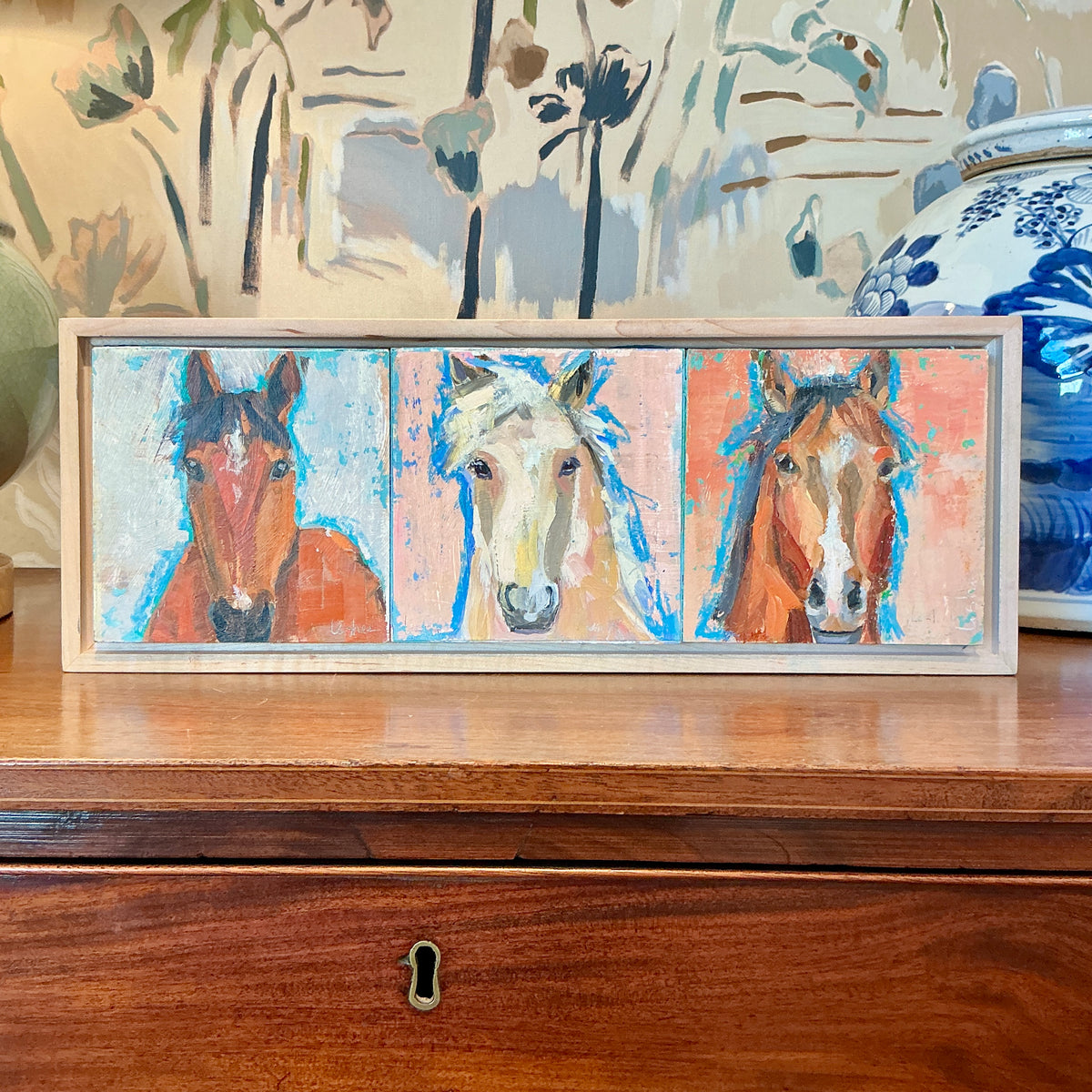 Carol Lesher Horse Trio 2 Oil Painting in Wood Frame