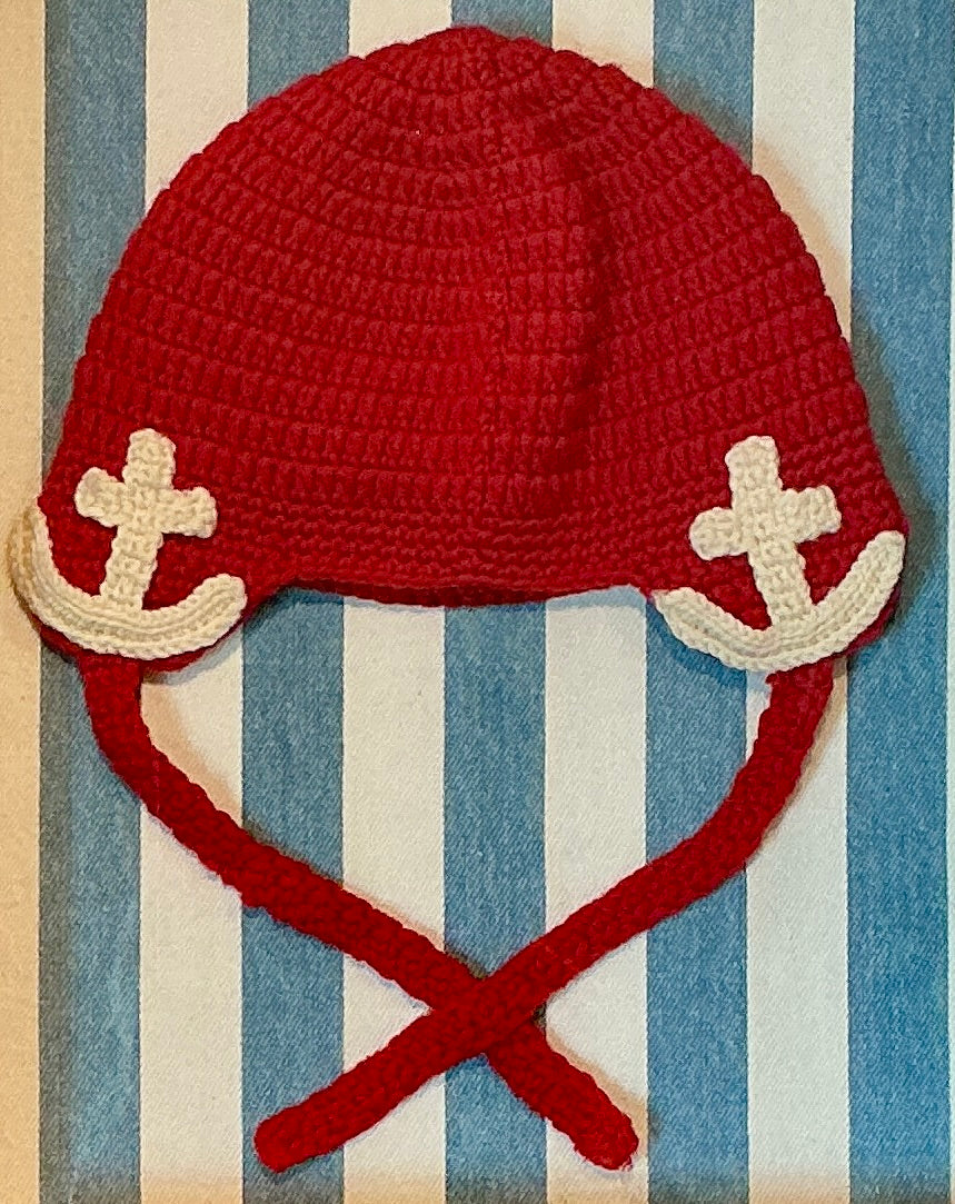 Vintage Red Knit Nautical Children’s Hat on Blue Stripes in Shadow Box