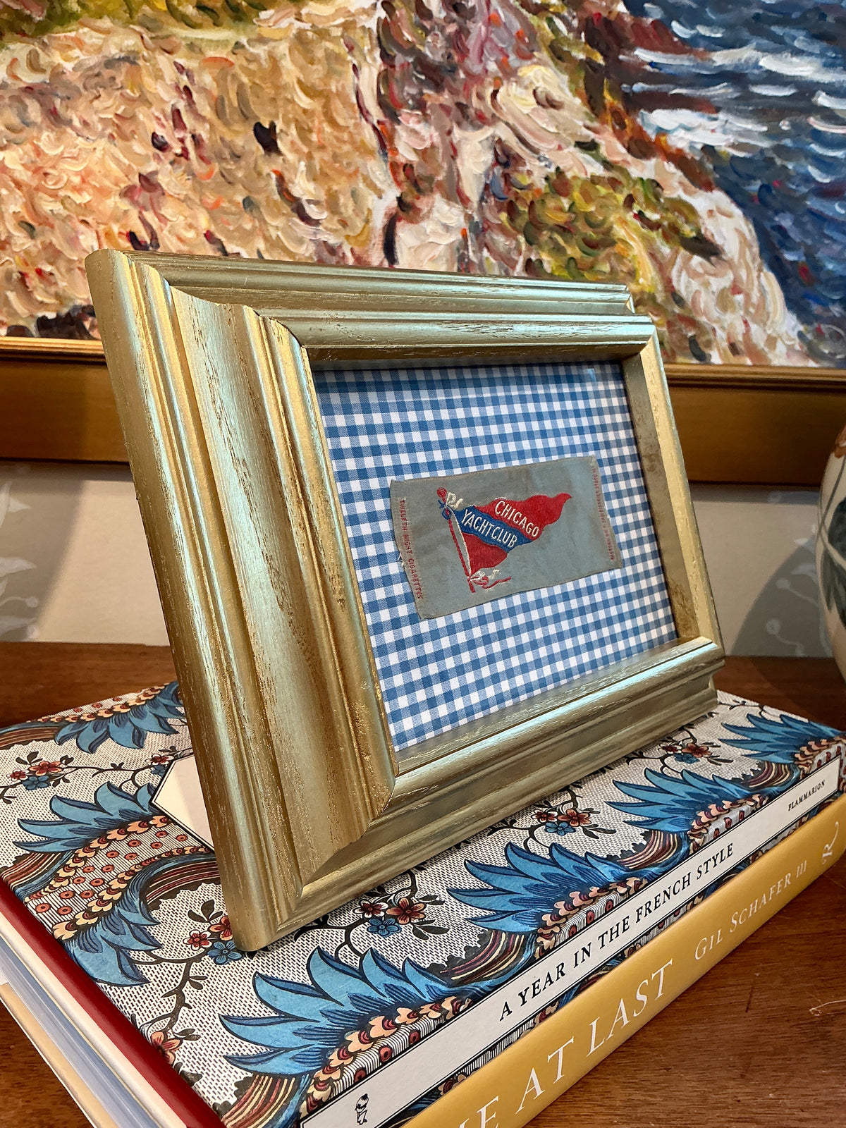 Antique Chicago Yacht Club Tobacco Silk on Blue Gingham in Gold Frame