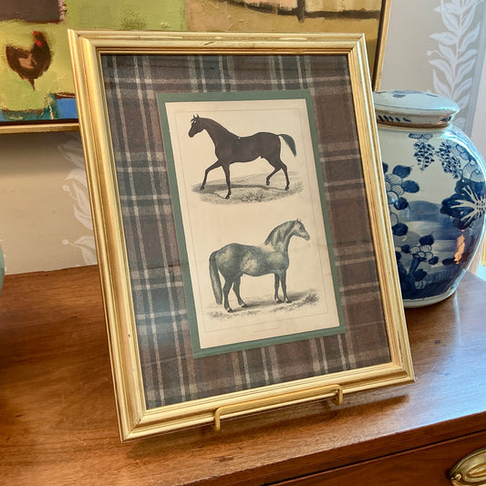 19th Century Hand Colored Horse Pair Bookplate on Vintage Wool Plaid in Gold Frame
