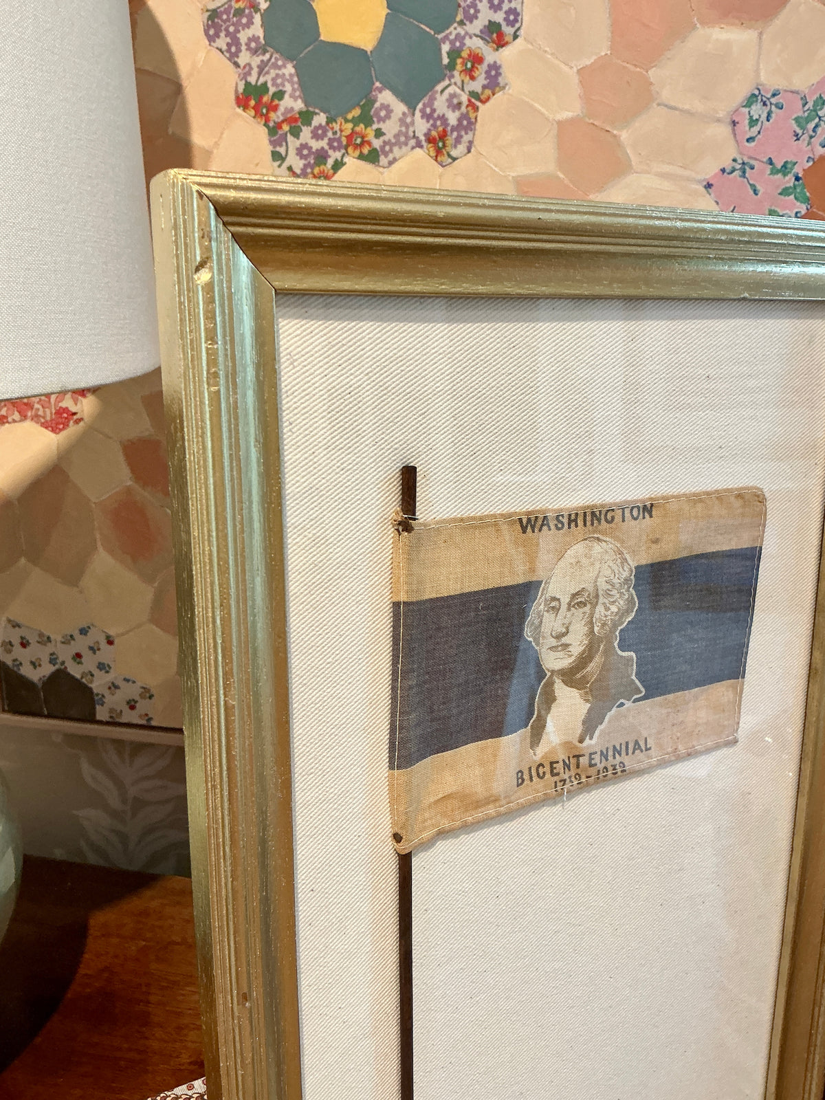 1932 George Washington Birthday Bicentennial Parade Flag on Ivory Duck Cloth in Gold Frame