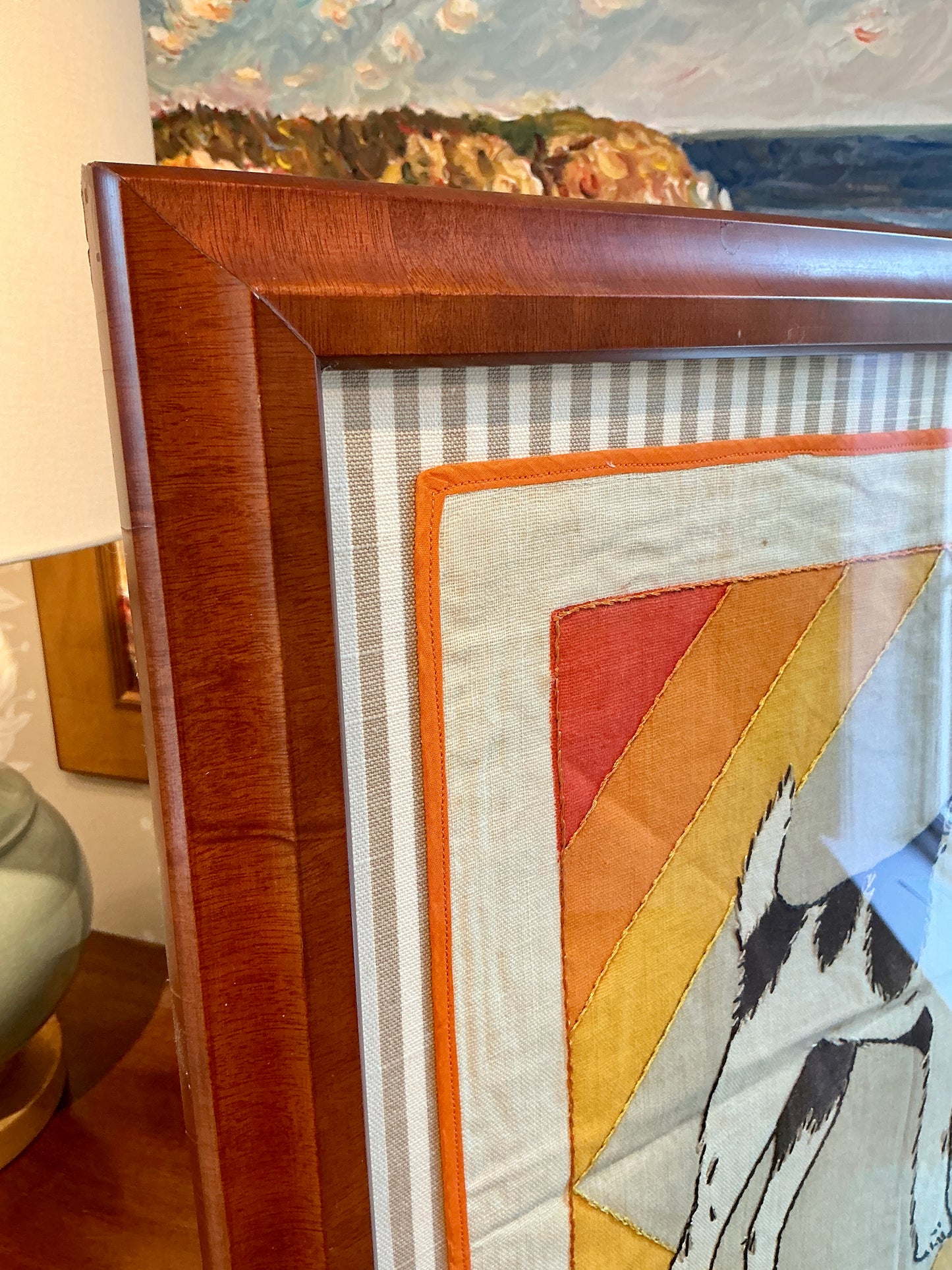 Vintage Handmade Wire Fox Terrier Embroidery on Taupe Stripes in Wood Frame