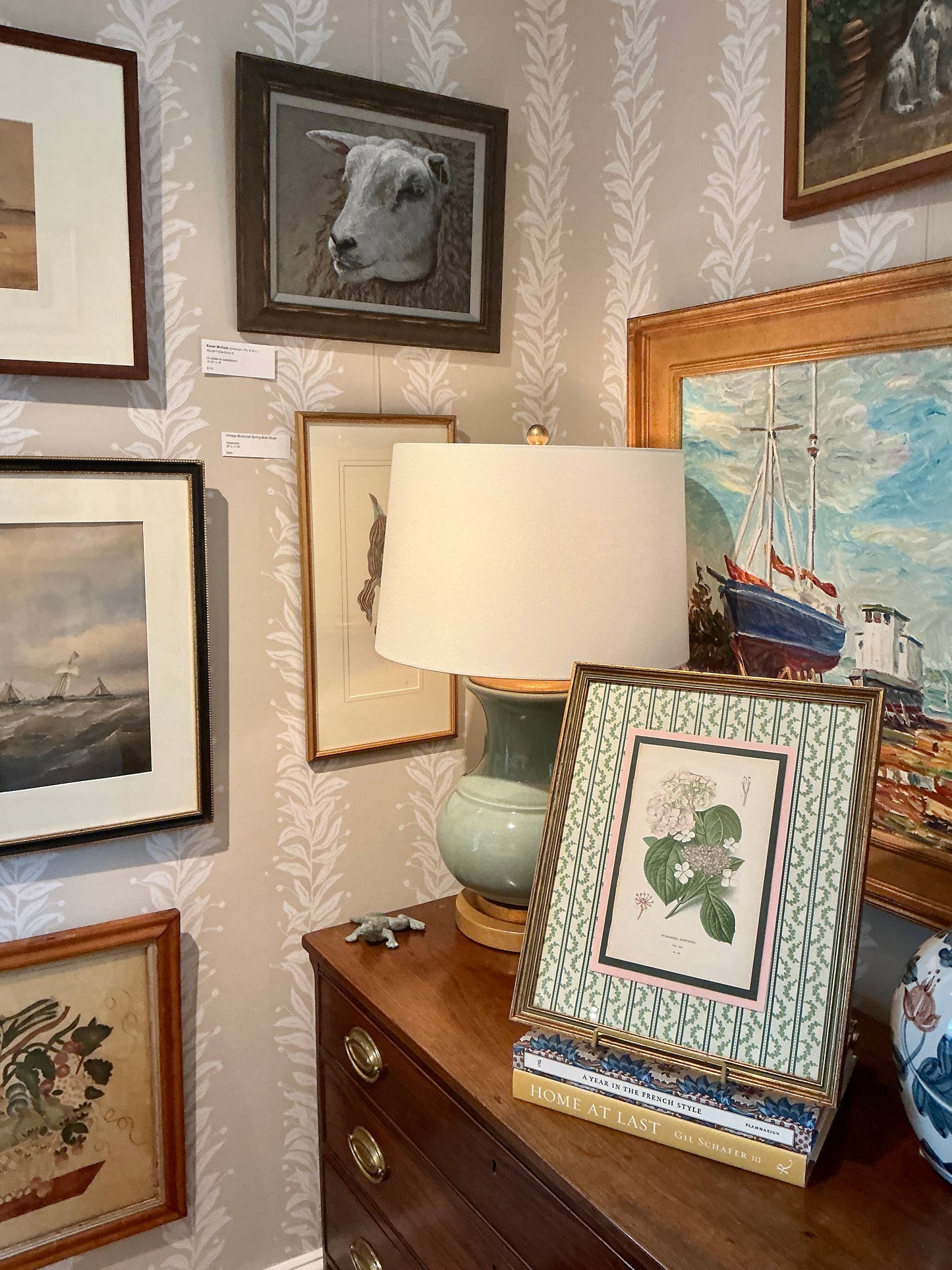19th Century Hydrangea Hortensia Hand Colored Lithograph on Ivy Chintz Fabric in Dark Gold Frame