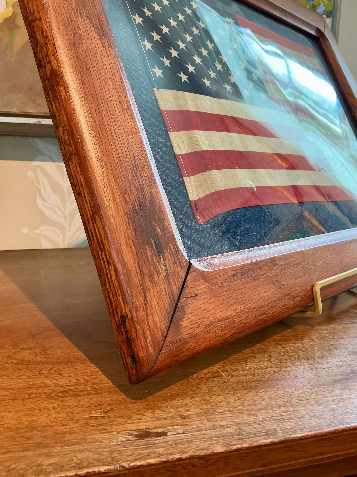 Vintage 50 Star American Flag on Dark Chambray in Antique Oak Frame