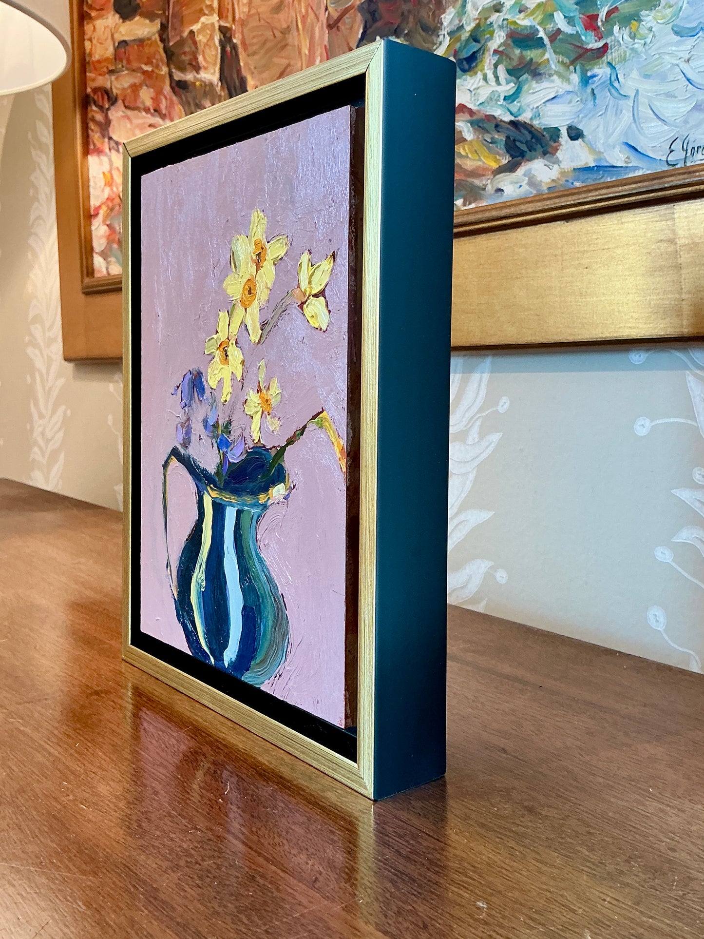 Gretchen McGinnis Creamer With Mini Daffodils And Violets II Still Life Oil Painting in Gold Floater Frame