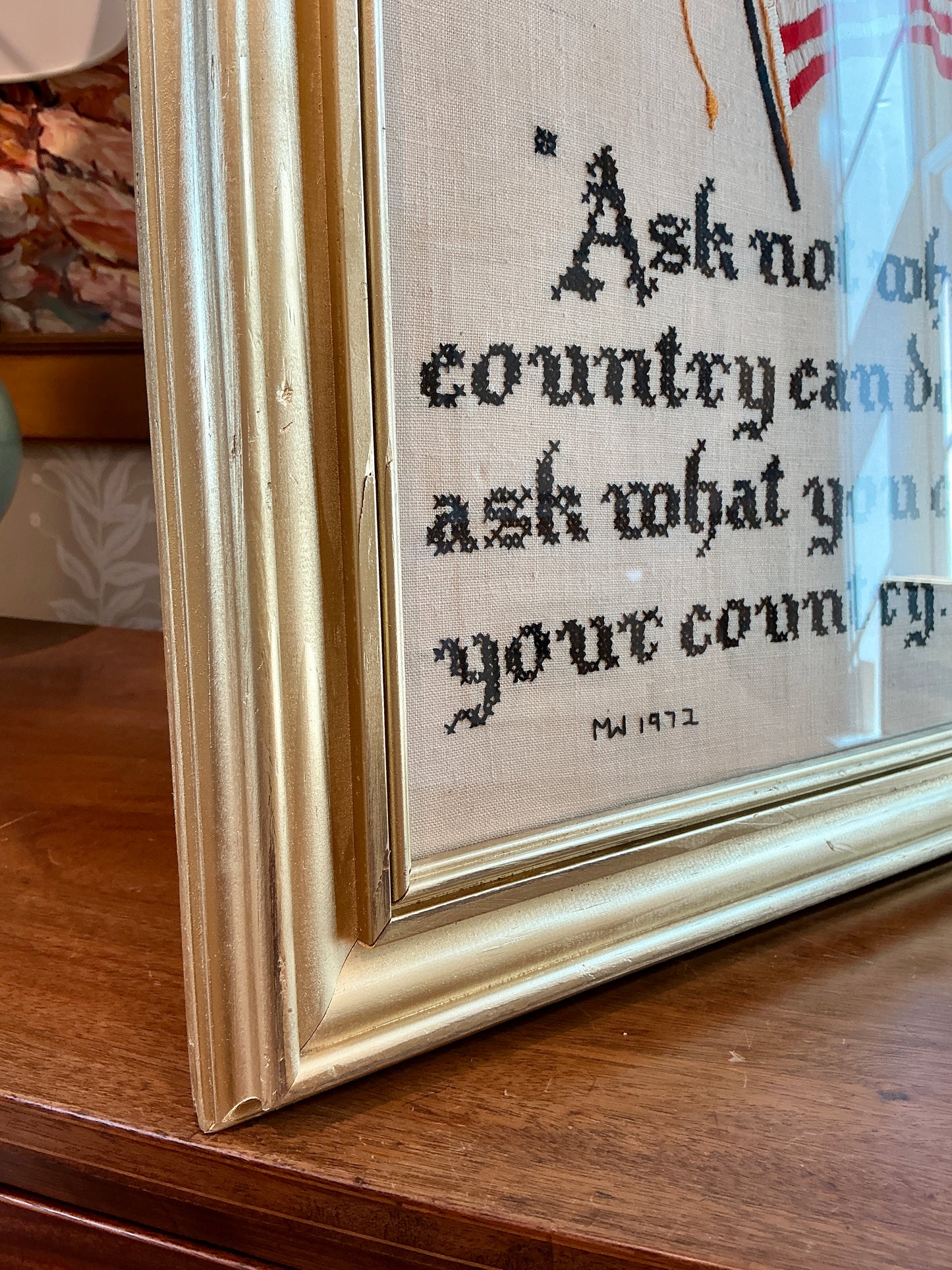 Vintage John F. Kennedy Quote Needlepoint in Gold Frame