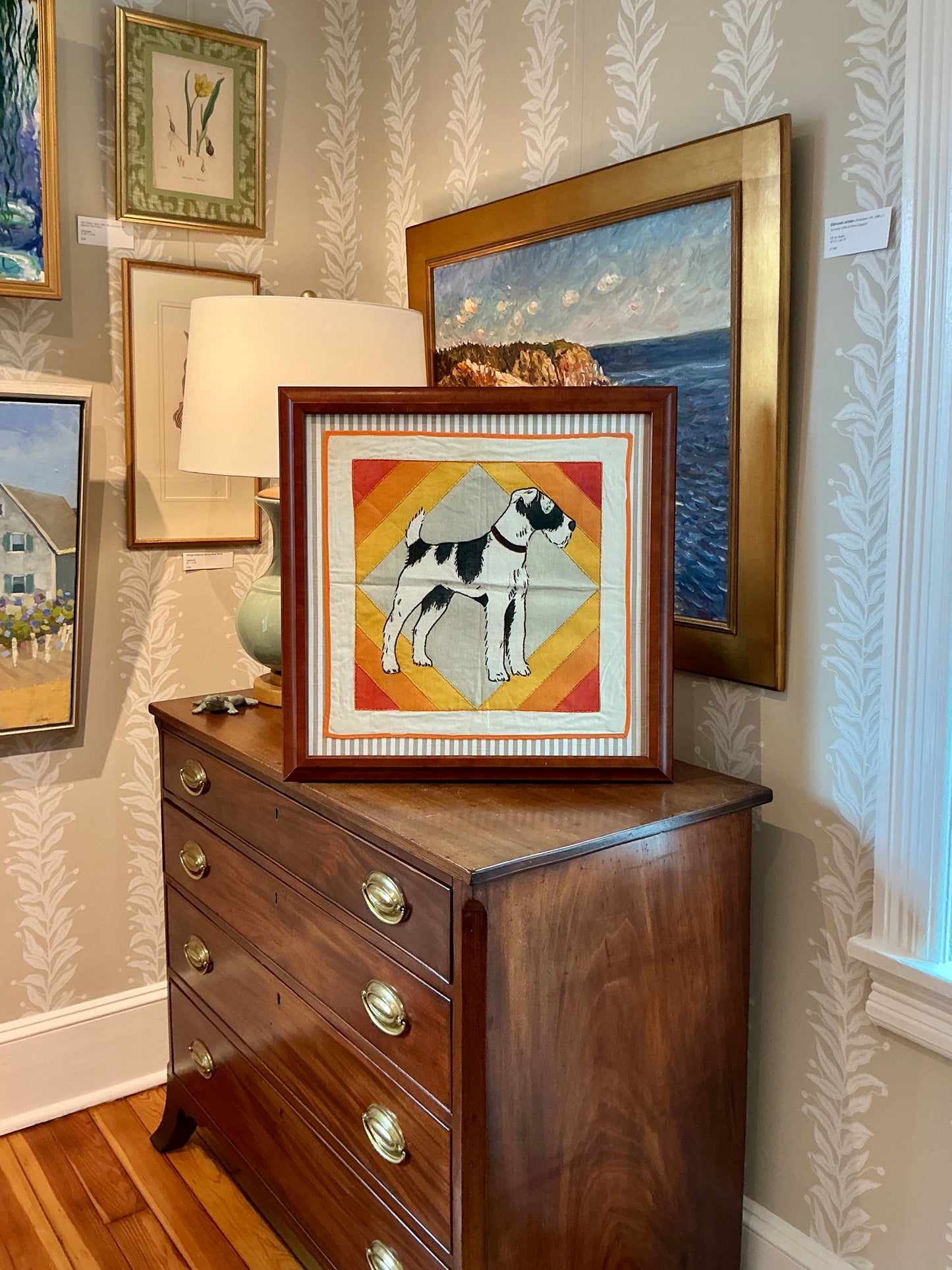 Vintage Handmade Wire Fox Terrier Embroidery on Taupe Stripes in Wood Frame