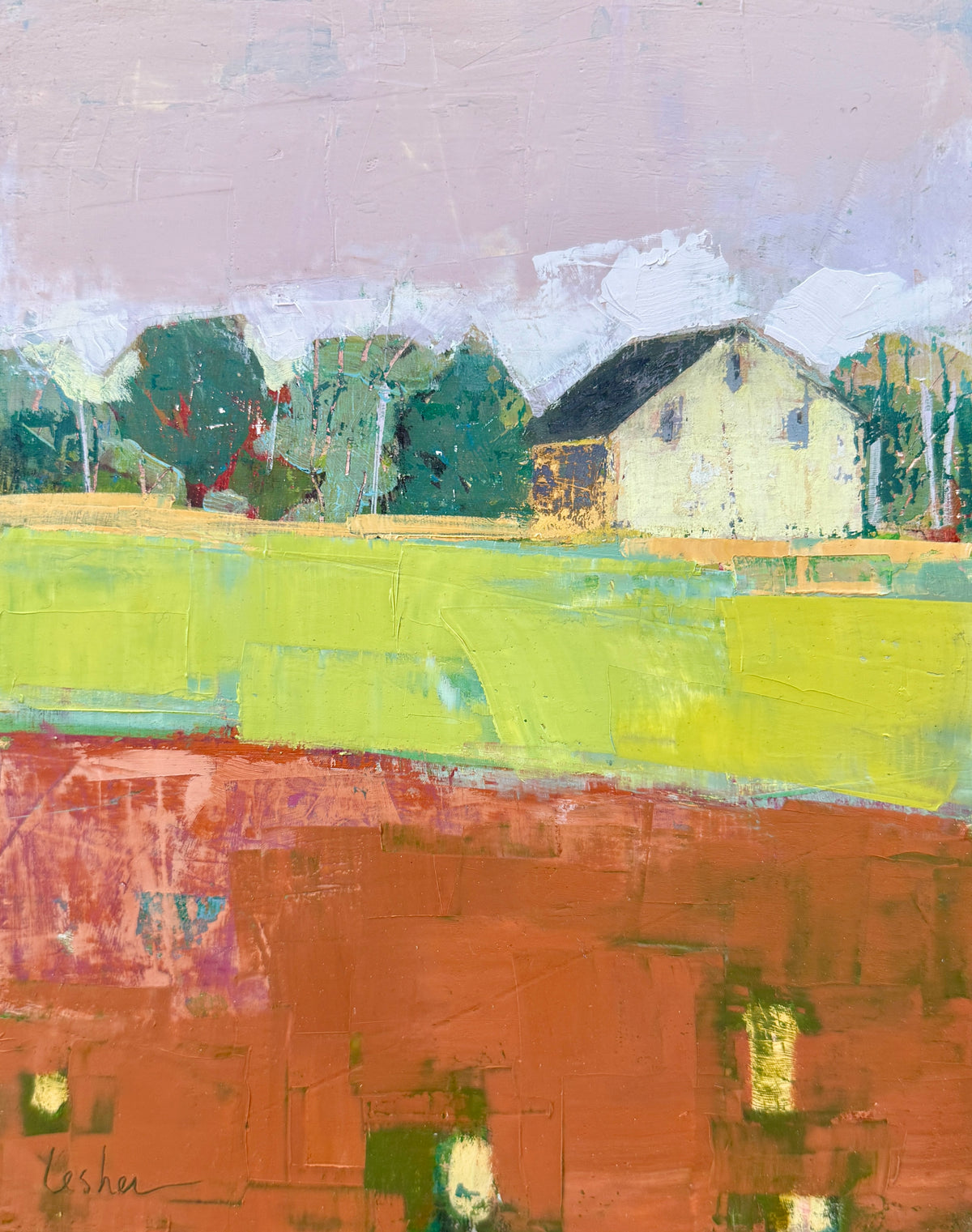 Carol Lesher Spring Landscape Oil Painting in Natural Wood Floater Frame