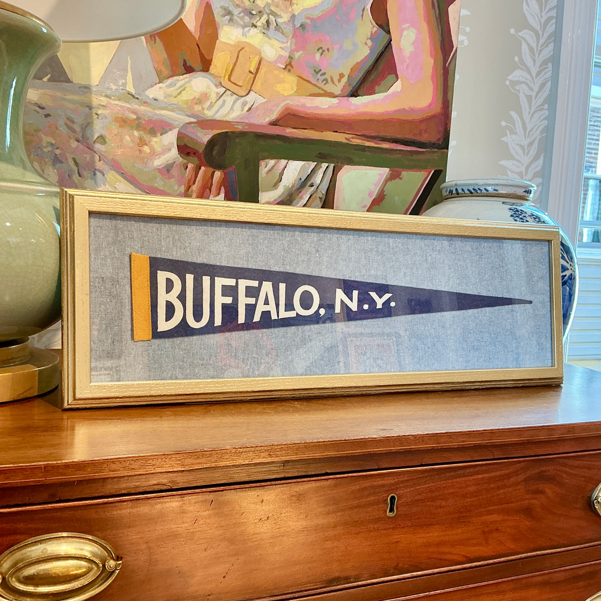 Vintage Buffalo New York Pennant on Light Blue in Gold Frame