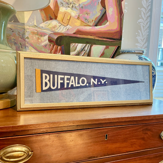 Vintage Buffalo New York Pennant on Light Blue in Gold Frame