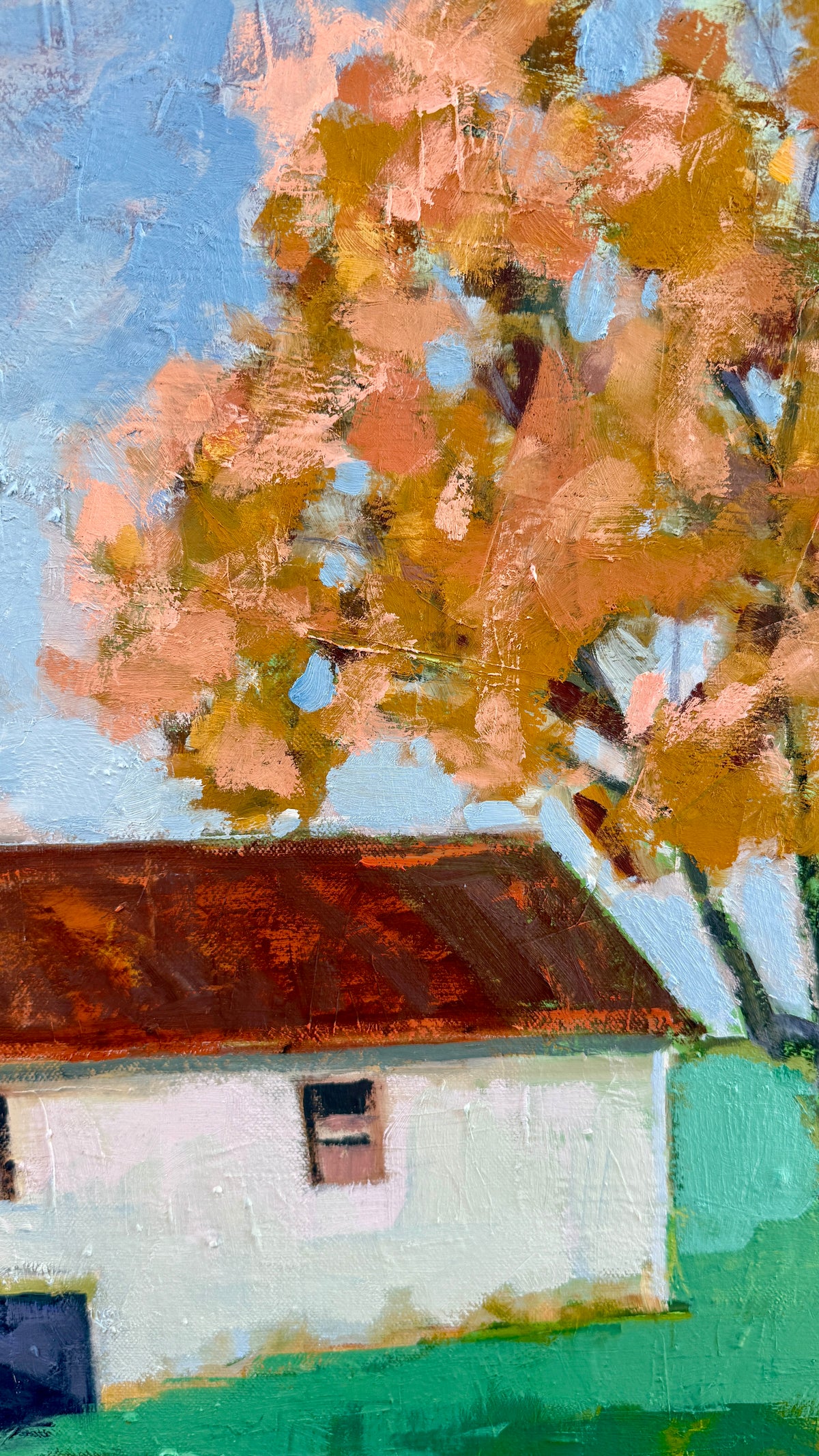 Carol Lesher Morning Landscape Oil Painting in Natural Wood Floater Frame