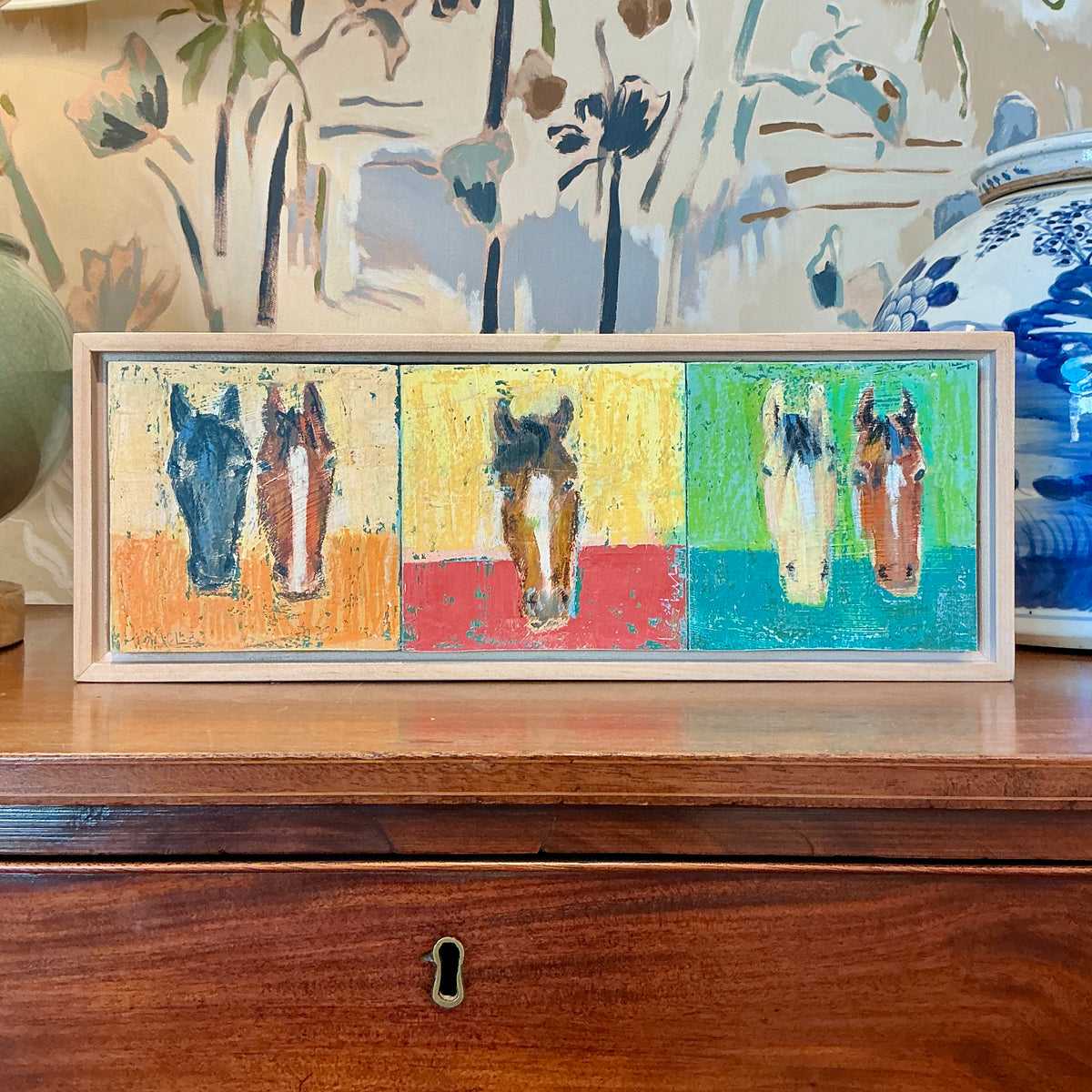 Carol Lesher Horse Trio 1 Oil Painting in Wood Frame