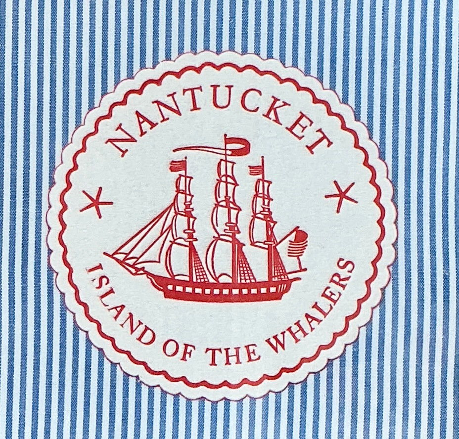 Nantucket Island of the Whalers Vintage 1950s Cocktail Napkin on Blue Ticking Stripes in Gold Frame