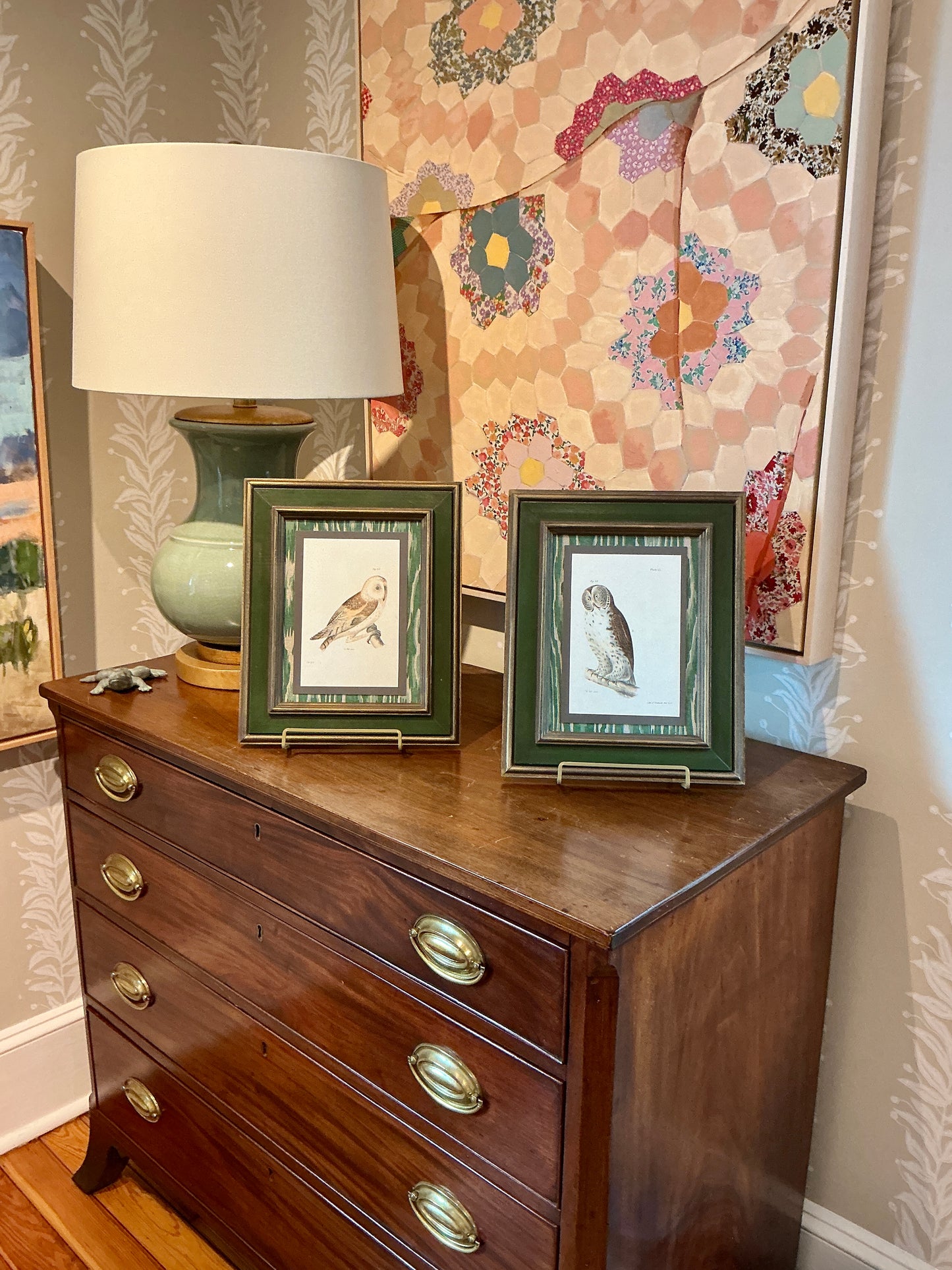 Pair of 19th Century Owl Lithographs on Green Faux Bois Fabric in Green and Dark Gold Frames