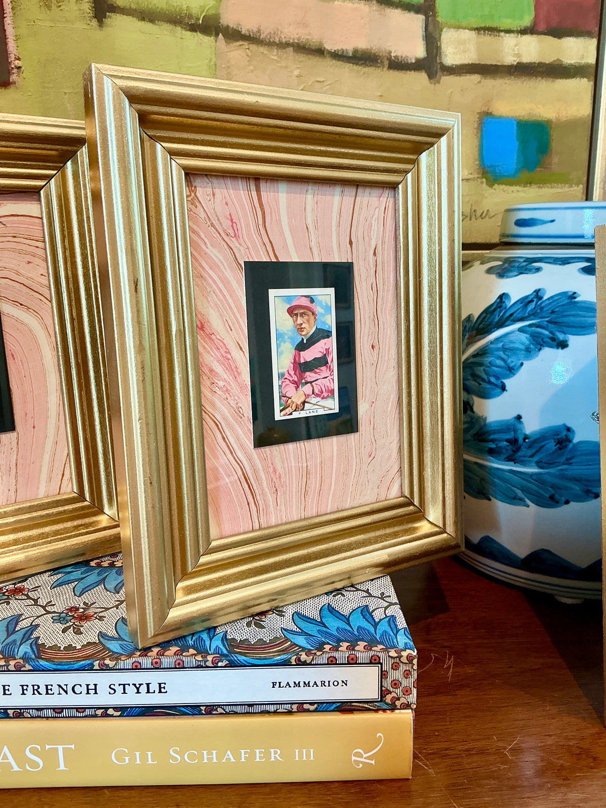 Set of 4 1936 Jockey Tobacco Cards on Pink Hand Marbled Mount in Gold Frames