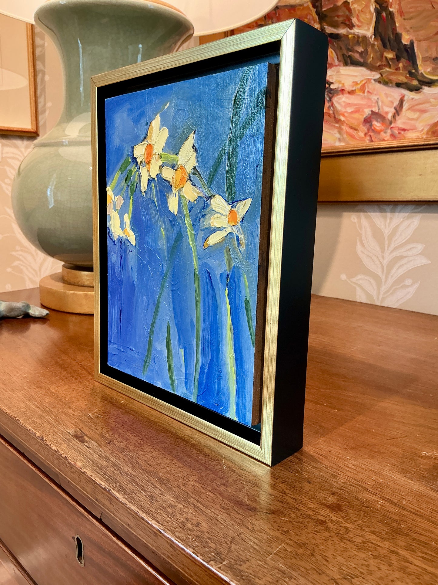 Gretchen McGinnis Handful Of Yellow Mini Daffodils Still Life Oil Painting in Gold Floater Frame