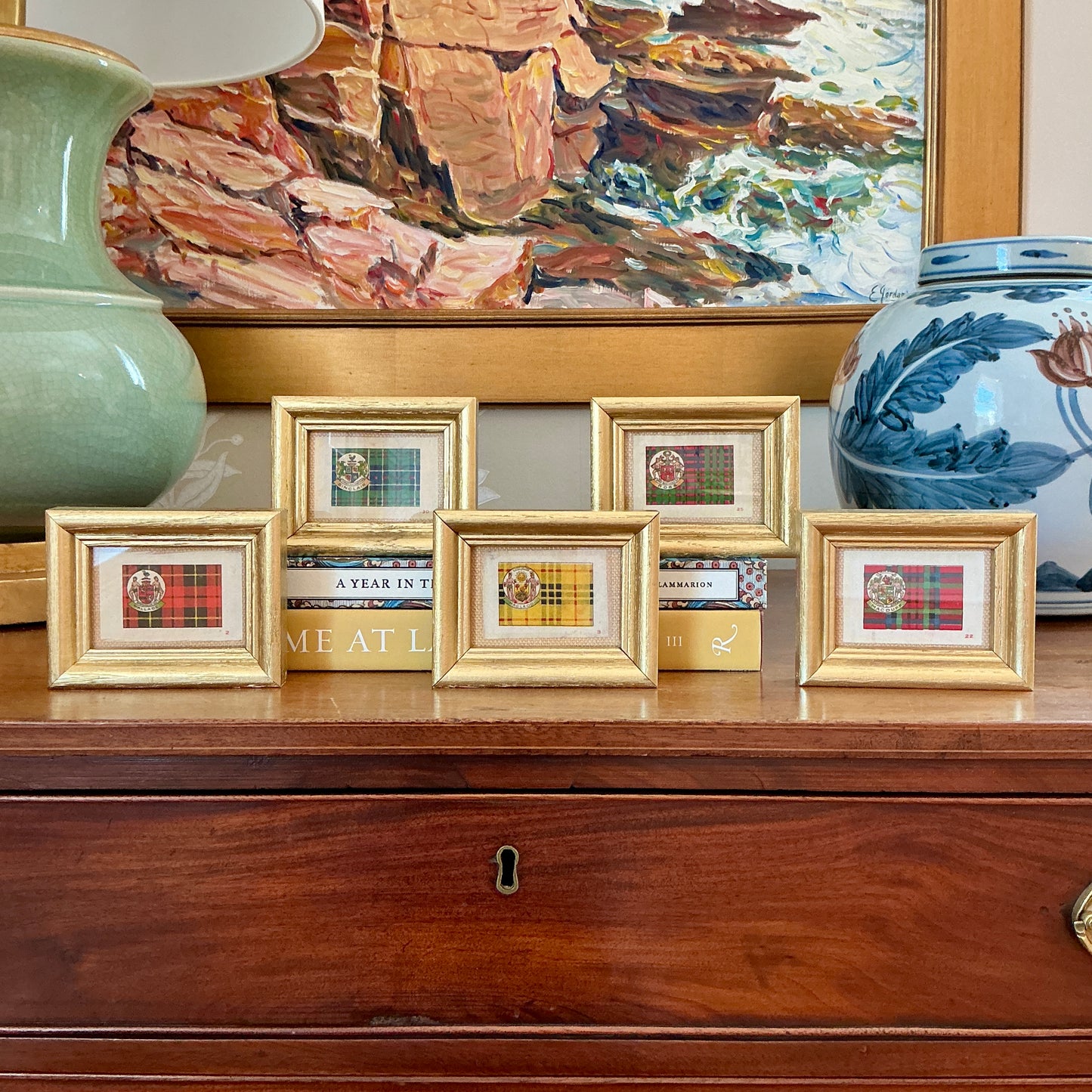 Set of Five Antique Scottish Tartan Tobacco Silks on Neutral Pique in Gold Frame