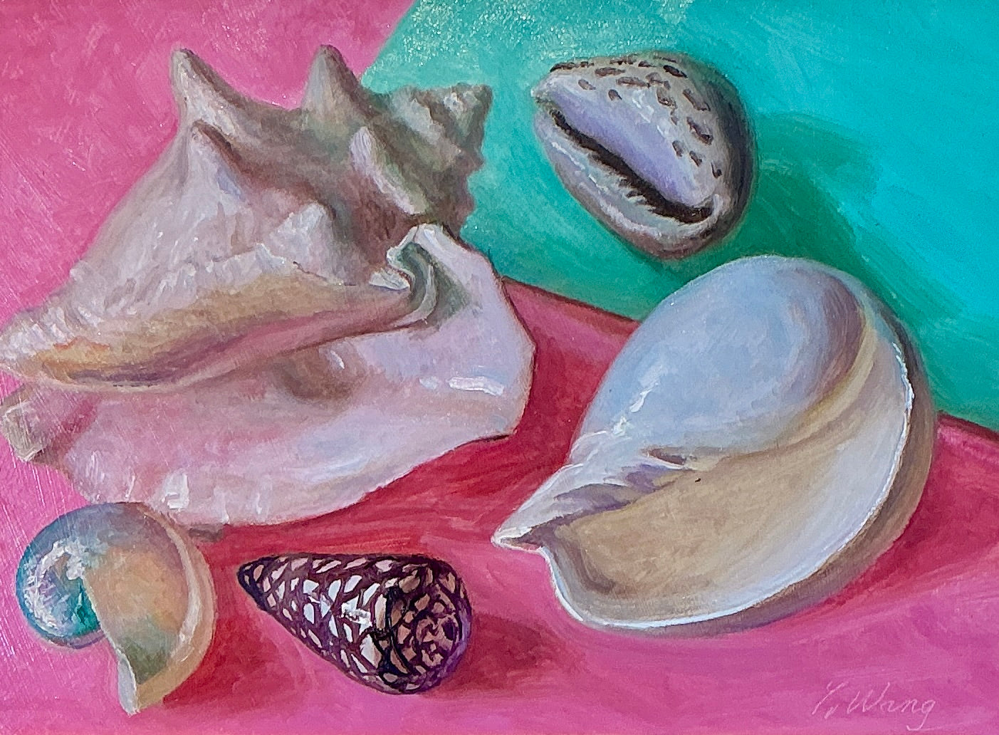 Youqing Wang Seashells On Pink and Teal Still Life Oil Painting in Gold Frame