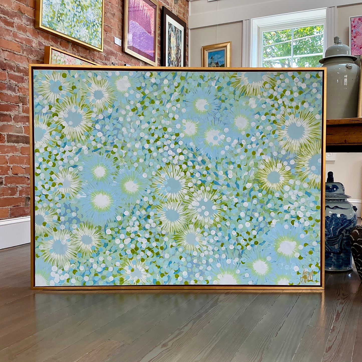Alison Diamond McElroy Azure Retreat Floral Abstract Painting in Gold Floater Frame