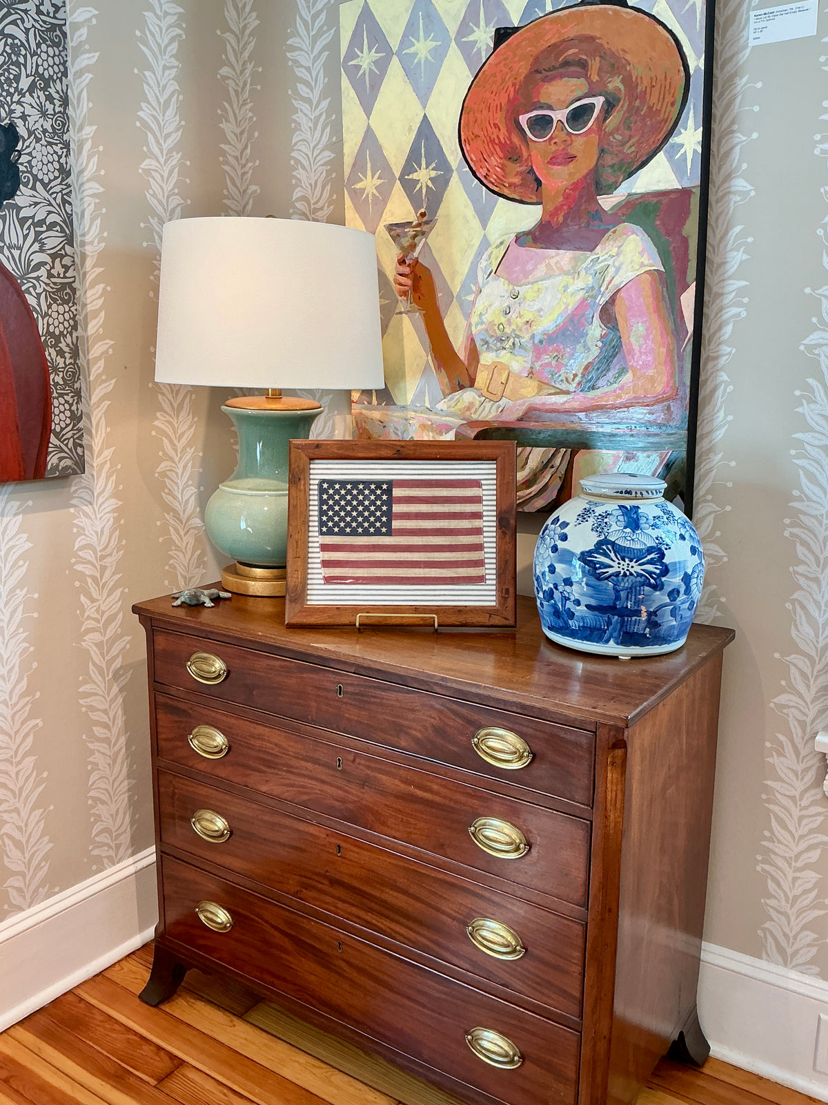 Vintage 50 Star American Flag on Blue and White Stripes in Pine Frame