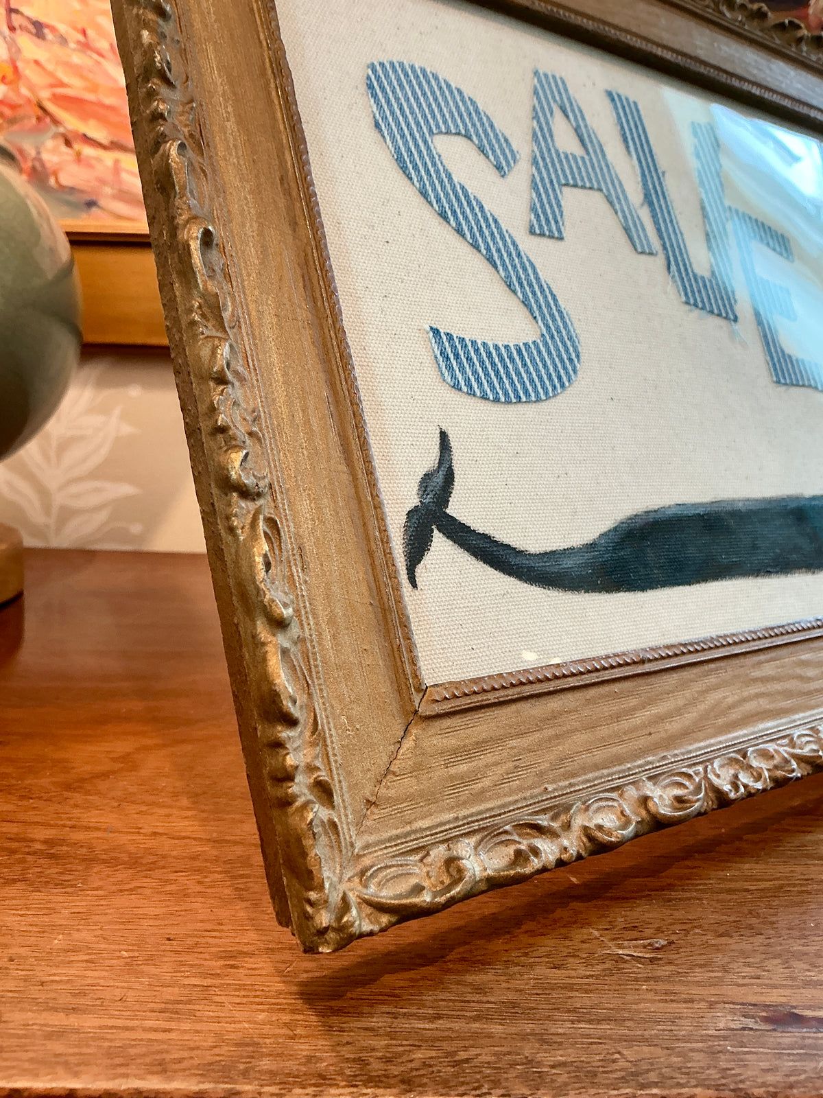 Save The Whales Mixed Media Painting on Ivory Duck Cloth in Ornate Gold Frame