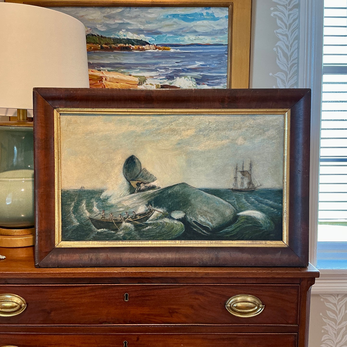 19th Century "Nantucket Sleigh Ride" American Folk Whale Seascape Whaling Scene Oil Painting in Wood Frame With Gilded Liner