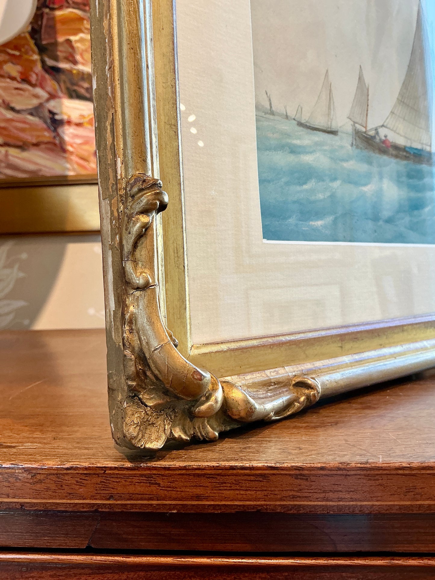 19th Century Sailboat Seascape Watercolor Painting in Ornate Gold Frame