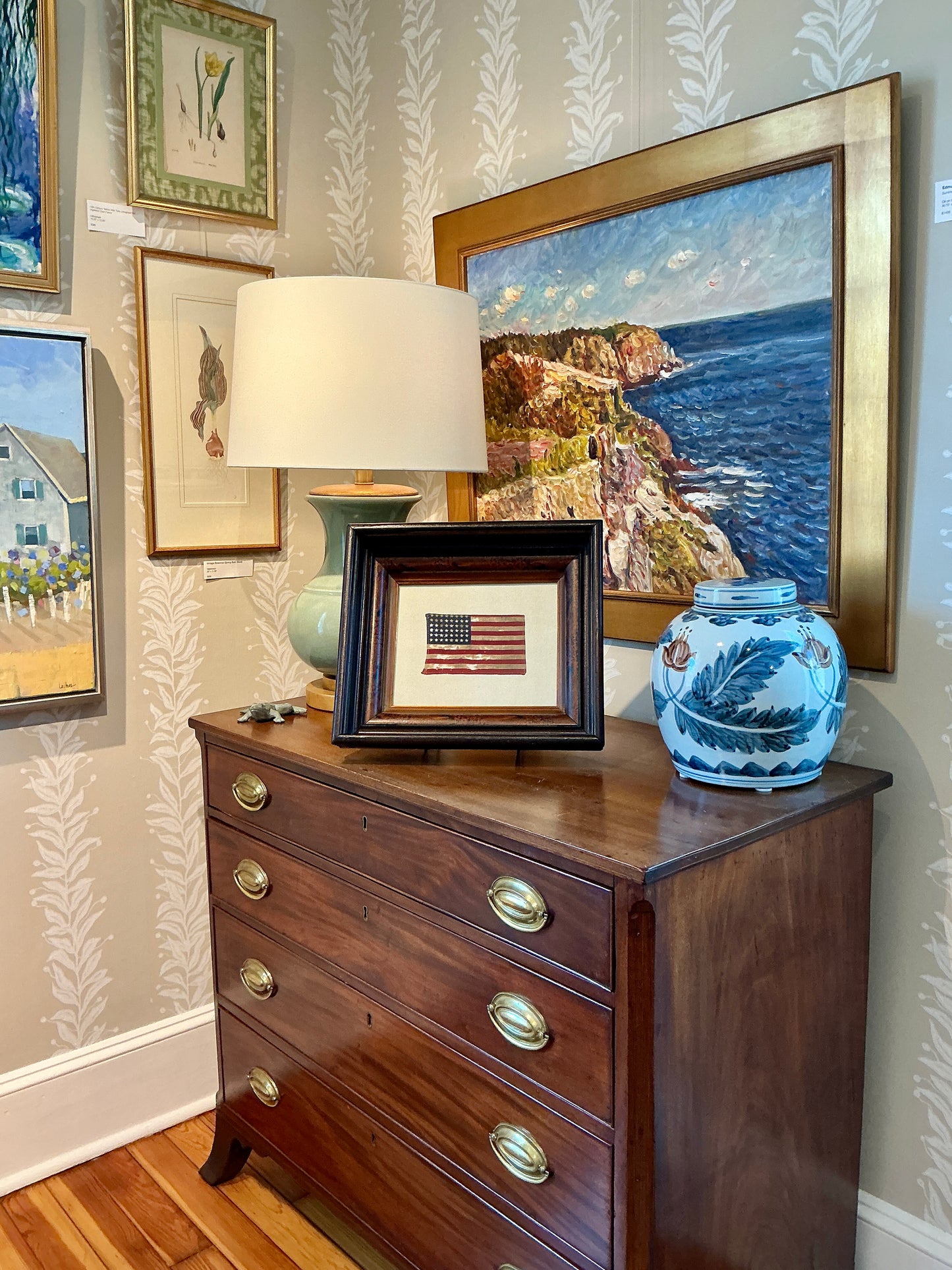 Antique 48 Star American Flag on Ivory Duck Cloth in Antique Walnut and Flame Mahogany Frame